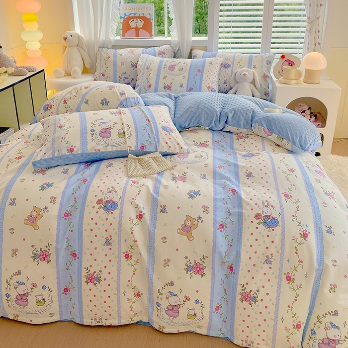 91家纺网 家纺一手货源 找家纺 金鑫汇家纺 2025新款全棉纯棉棉加豆豆绒棉加绒系列四件套 棉加豆豆绒-快乐萌兔