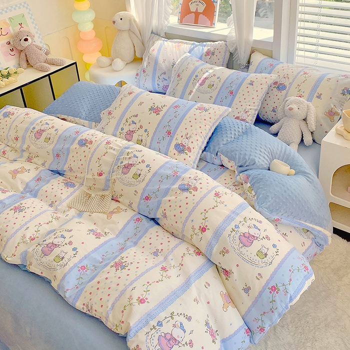 91家纺网 家纺一手货源 找家纺 金鑫汇家纺 2025新款全棉纯棉棉加豆豆绒棉加绒系列四件套 棉加豆豆绒-快乐萌兔