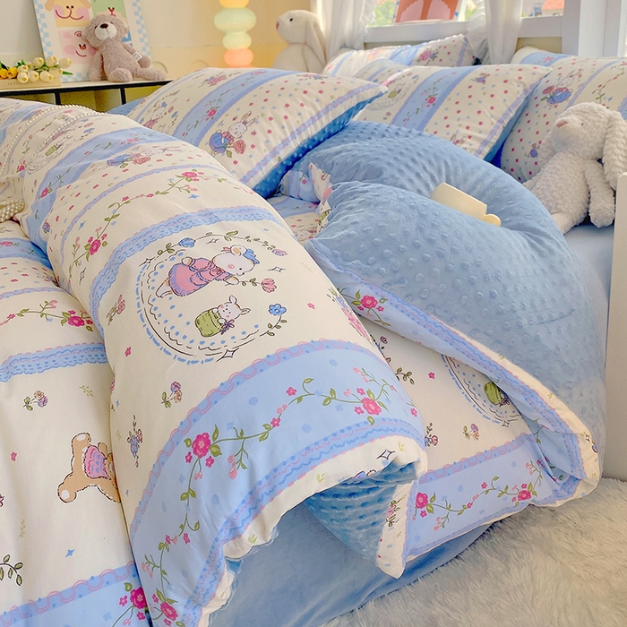 91家纺网 家纺一手货源 找家纺 金鑫汇家纺 2025新款全棉纯棉棉加豆豆绒棉加绒系列四件套 棉加豆豆绒-快乐萌兔