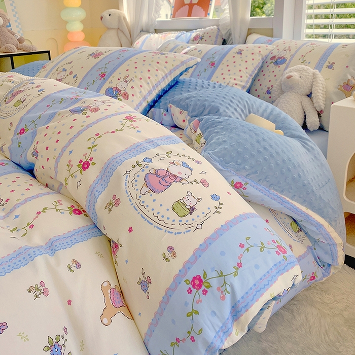 91家纺网 家纺一手货源 找家纺 金鑫汇家纺 2025新款全棉纯棉棉加豆豆绒棉加绒系列四件套 棉加豆豆绒-快乐萌兔