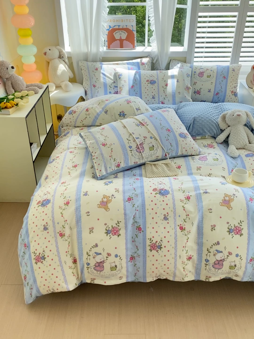 91家纺网 家纺一手货源 找家纺 金鑫汇家纺 2025新款全棉纯棉棉加豆豆绒棉加绒系列四件套 棉加豆豆绒-快乐萌兔