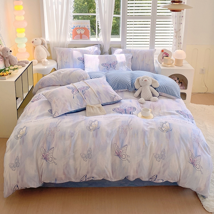 91家纺网 家纺一手货源 找家纺 金鑫汇家纺 2025新款全棉纯棉棉加豆豆绒棉加绒系列四件套 棉加豆豆绒-梦蝶