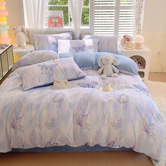 91家纺网 家纺一手货源 找家纺 金鑫汇家纺 2025新款全棉纯棉棉加豆豆绒棉加绒系列四件套 棉加豆豆绒-梦蝶