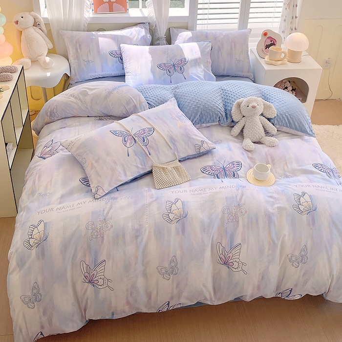 91家纺网 家纺一手货源 找家纺 金鑫汇家纺 2025新款全棉纯棉棉加豆豆绒棉加绒系列四件套 棉加豆豆绒-梦蝶