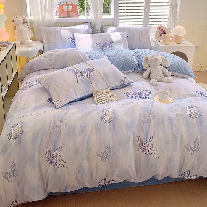 91家纺网 家纺一手货源 找家纺 金鑫汇家纺 2025新款全棉纯棉棉加豆豆绒棉加绒系列四件套 棉加豆豆绒-梦蝶