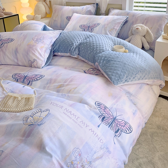 91家纺网 家纺一手货源 找家纺 金鑫汇家纺 2025新款全棉纯棉棉加豆豆绒棉加绒系列四件套 棉加豆豆绒-梦蝶