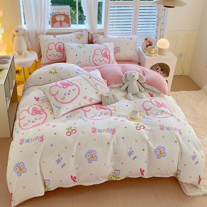 91家纺网 家纺一手货源 找家纺 金鑫汇家纺 2025新款全棉纯棉棉加豆豆绒棉加绒系列四件套 棉加豆豆绒-奇趣小兔