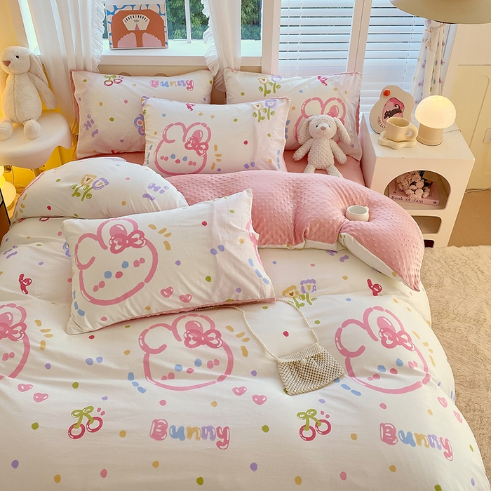 91家纺网 家纺一手货源 找家纺 金鑫汇家纺 2025新款全棉纯棉棉加豆豆绒棉加绒系列四件套 棉加豆豆绒-奇趣小兔