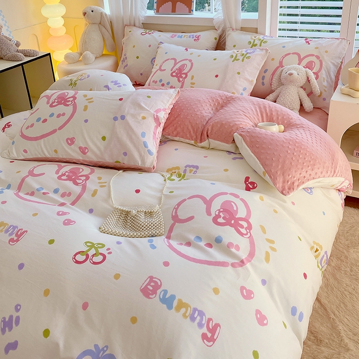 91家纺网 家纺一手货源 找家纺 金鑫汇家纺 2025新款全棉纯棉棉加豆豆绒棉加绒系列四件套 棉加豆豆绒-奇趣小兔