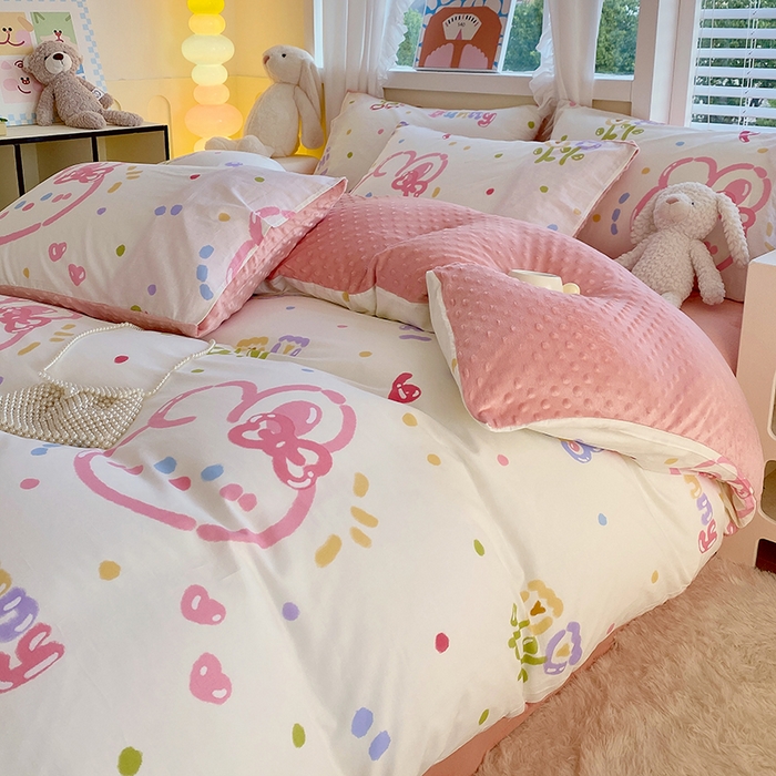 91家纺网 家纺一手货源 找家纺 金鑫汇家纺 2025新款全棉纯棉棉加豆豆绒棉加绒系列四件套 棉加豆豆绒-奇趣小兔