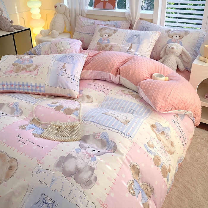 91家纺网 家纺一手货源 找家纺 金鑫汇家纺 2025新款全棉纯棉棉加豆豆绒棉加绒系列四件套 棉加豆豆绒-熊熊精灵