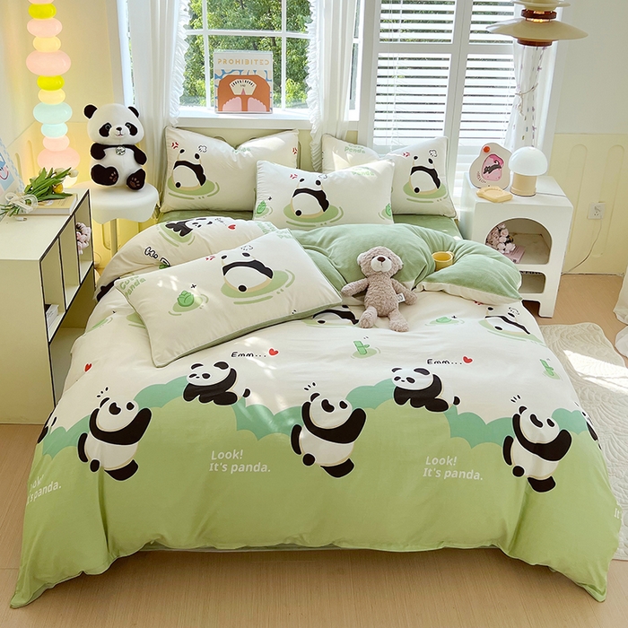 91家纺网 家纺一手货源 找家纺 金鑫汇家纺 2025新款全棉纯棉棉加豆豆绒棉加绒系列四件套 棉加绒-熊猫乐园