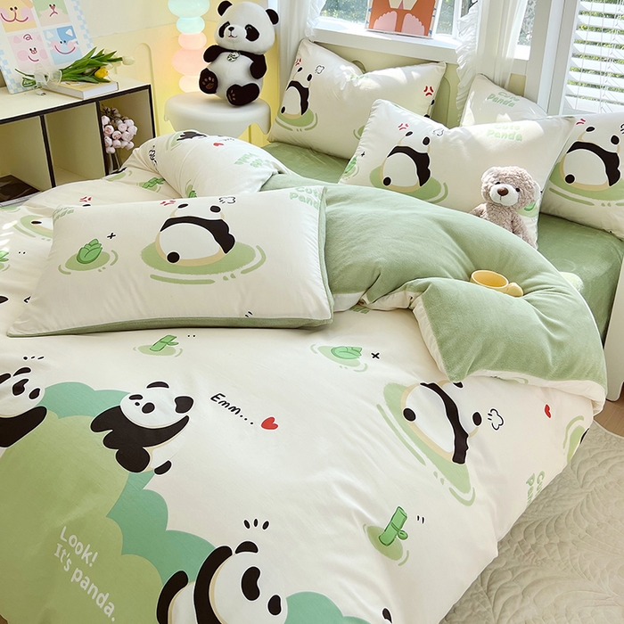 91家纺网 家纺一手货源 找家纺 金鑫汇家纺 2025新款全棉纯棉棉加豆豆绒棉加绒系列四件套 棉加绒-熊猫乐园