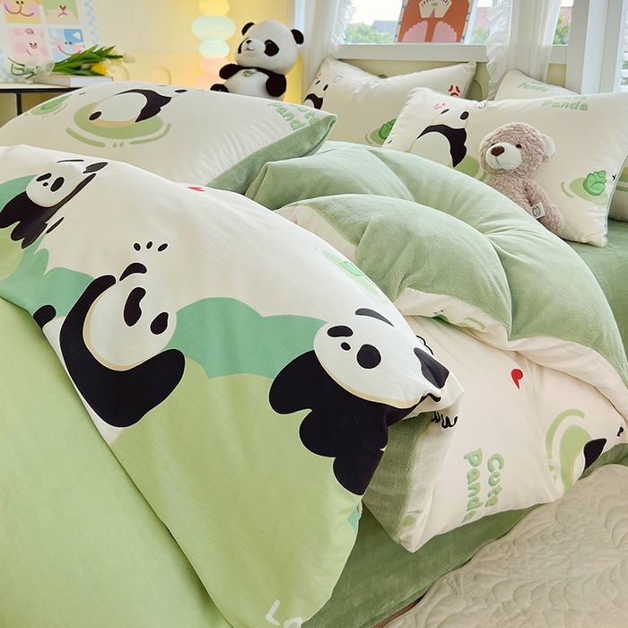 91家纺网 家纺一手货源 找家纺 金鑫汇家纺 2025新款全棉纯棉棉加豆豆绒棉加绒系列四件套 棉加绒-熊猫乐园