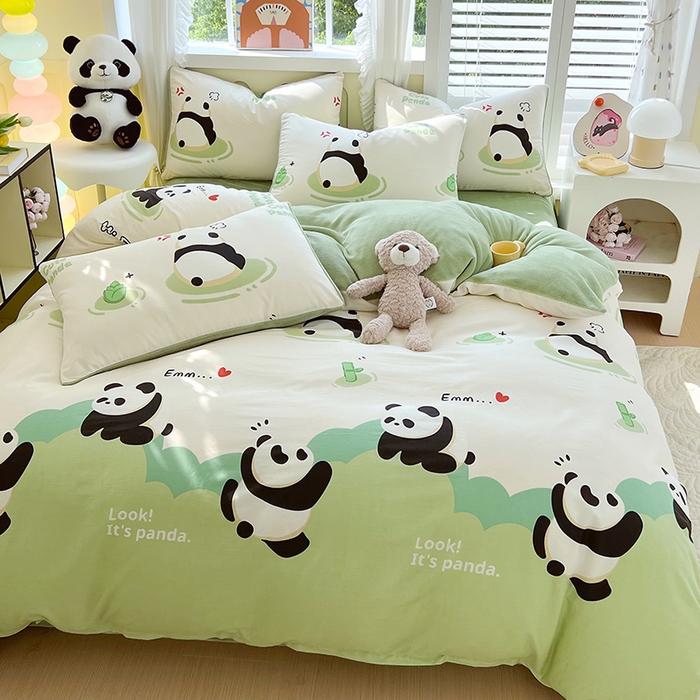 91家纺网 家纺一手货源 找家纺 金鑫汇家纺 2025新款全棉纯棉棉加豆豆绒棉加绒系列四件套 棉加绒-熊猫乐园