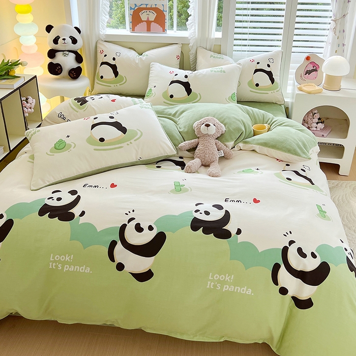 91家纺网 家纺一手货源 找家纺 金鑫汇家纺 2025新款全棉纯棉棉加豆豆绒棉加绒系列四件套 棉加绒-熊猫乐园