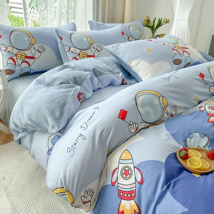 91家纺网 家纺一手货源 找家纺 金鑫汇家纺 2025新款全棉纯棉棉加豆豆绒棉加绒系列四件套 棉加绒-翱翔太空