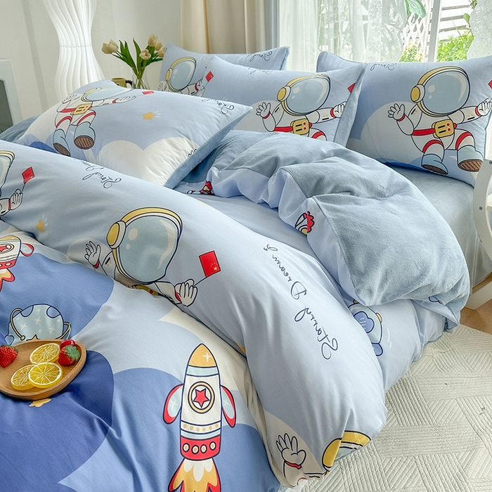 91家纺网 家纺一手货源 找家纺 金鑫汇家纺 2025新款全棉纯棉棉加豆豆绒棉加绒系列四件套 棉加绒-翱翔太空