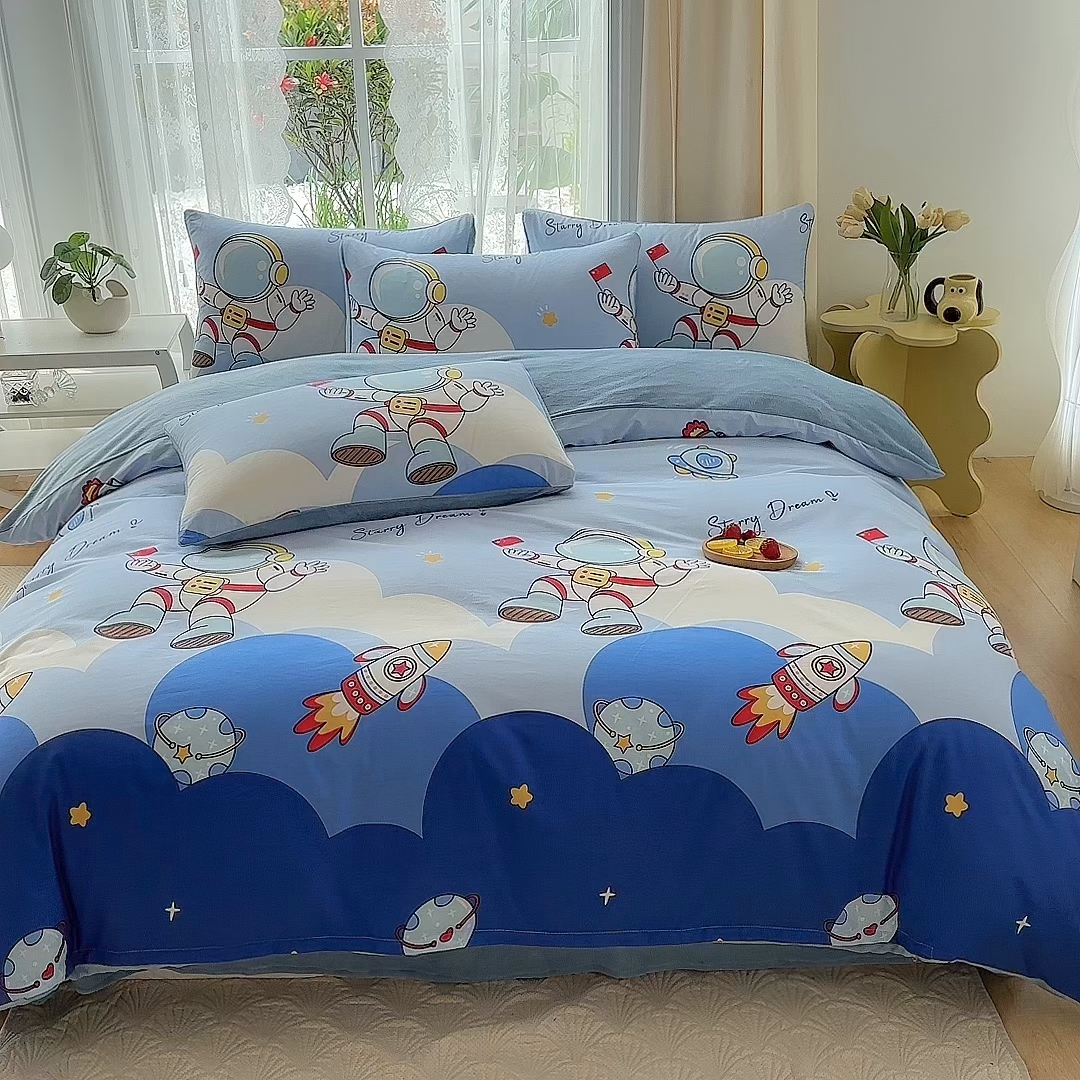 91家纺网 家纺一手货源 找家纺 金鑫汇家纺 2025新款全棉纯棉棉加豆豆绒棉加绒系列四件套 棉加绒-翱翔太空