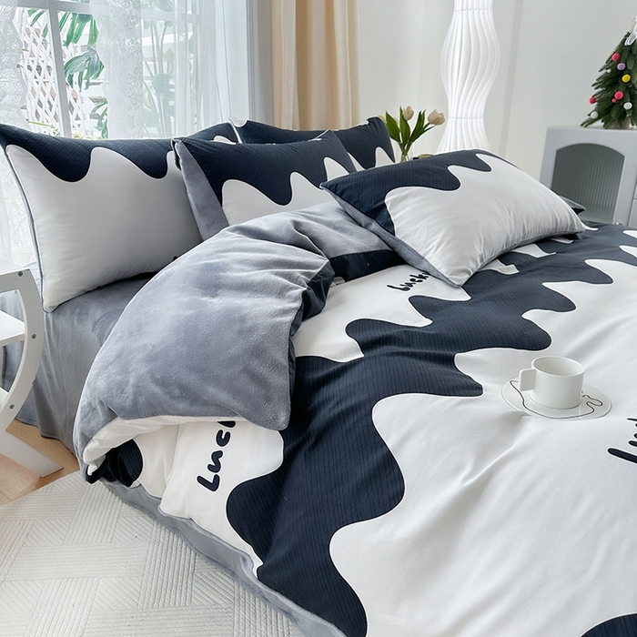 91家纺网 家纺一手货源 找家纺 金鑫汇家纺 2025新款全棉纯棉棉加豆豆绒棉加绒系列四件套 棉加绒-波浪世界