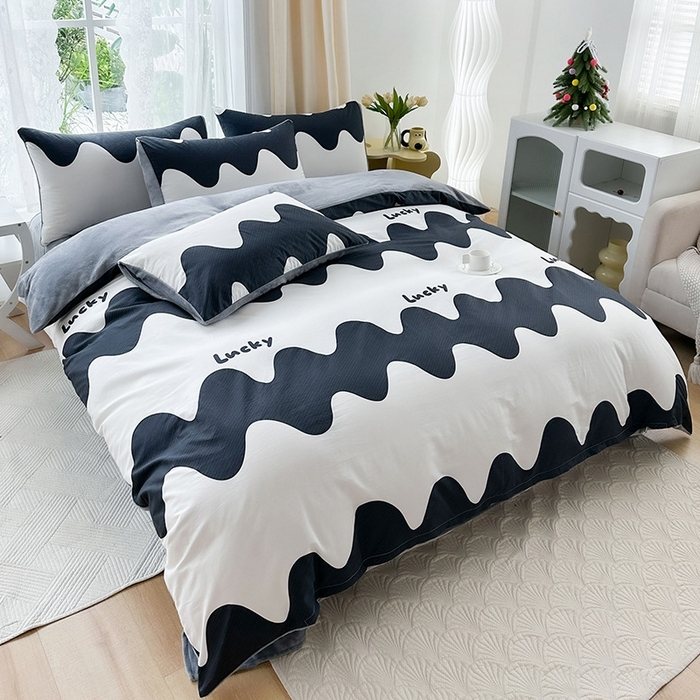 91家纺网 家纺一手货源 找家纺 金鑫汇家纺 2025新款全棉纯棉棉加豆豆绒棉加绒系列四件套 棉加绒-波浪世界