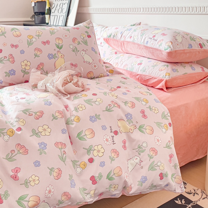 91家纺网 家纺一手货源 找家纺 金鑫汇家纺 2025新款全棉纯棉棉加豆豆绒棉加绒系列四件套 棉加绒-荷枝桃桃