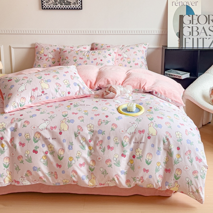 91家纺网 家纺一手货源 找家纺 金鑫汇家纺 2025新款全棉纯棉棉加豆豆绒棉加绒系列四件套 棉加绒-荷枝桃桃