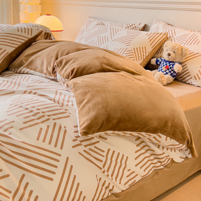 91家纺网 家纺一手货源 找家纺 金鑫汇家纺 2025新款全棉纯棉棉加豆豆绒棉加绒系列四件套 棉加绒-棉加绒-简格卡琪