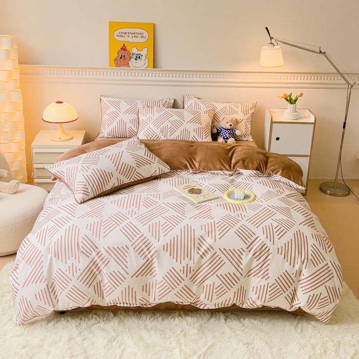 91家纺网 家纺一手货源 找家纺 金鑫汇家纺 2025新款全棉纯棉棉加豆豆绒棉加绒系列四件套 棉加绒-棉加绒-简格卡琪