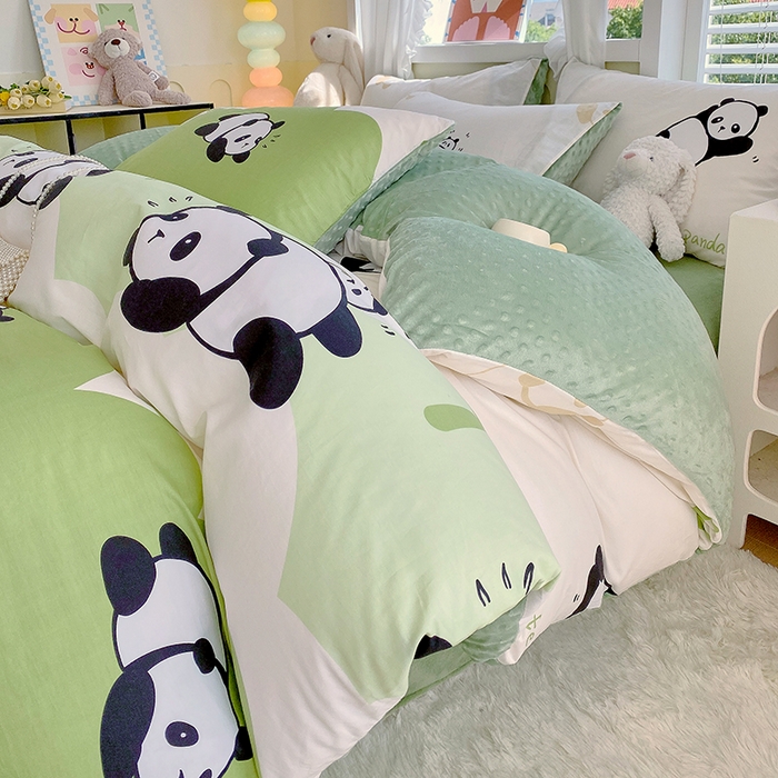 金鑫汇家纺 2025新款全棉纯棉棉加豆豆绒棉加绒系列四件套 棉加豆豆绒-可爱熊猫