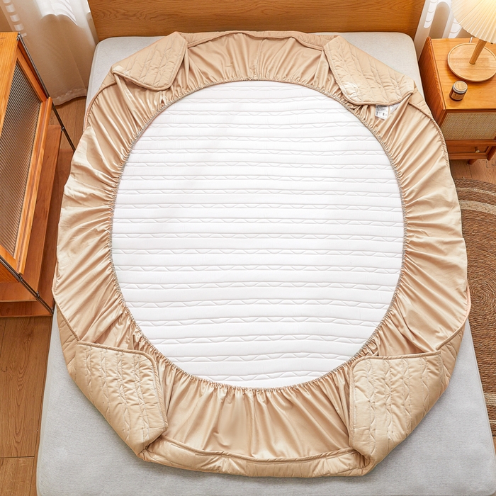 91家纺网 家纺一手货源 找家纺 雪云美2025新款全棉夹棉床笠斜纹A类纯棉床罩可定制尺寸 条纹- 驼色