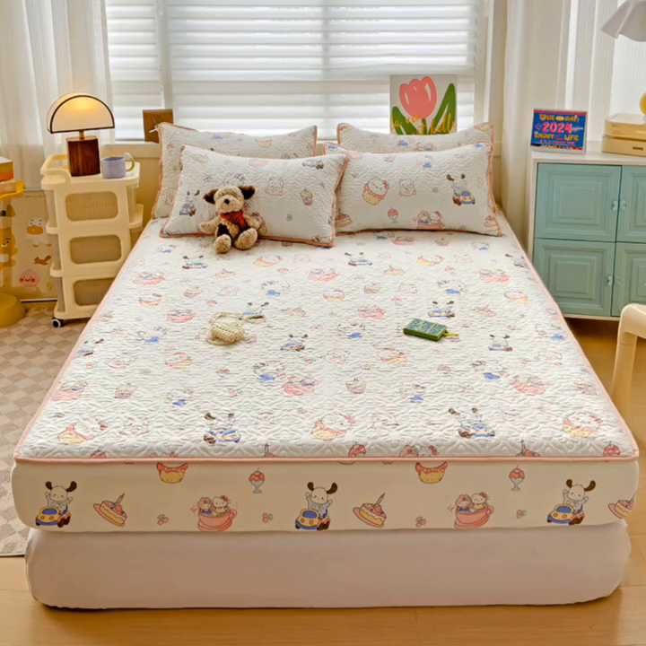 91家纺网 家纺一手货源 找家纺 悦织湾家纺 2025新款小清新印花四季通用床笠非全棉学生宿舍床笠二三件套 奶猫