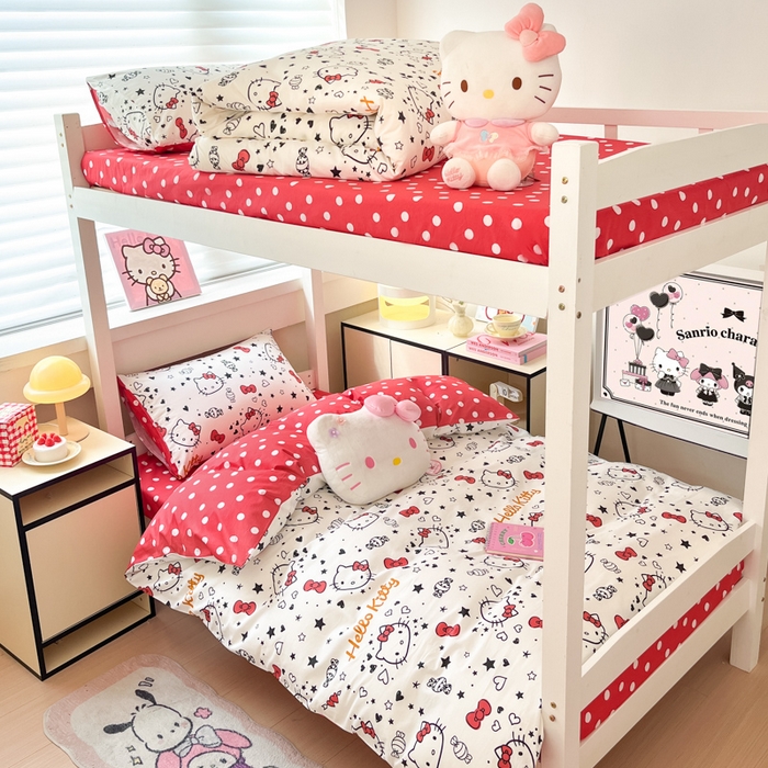 91家纺网 家纺一手货源 找家纺 暮思家居 2025新款三丽鸥授权全棉少女印花系列学生宿舍三件套四件套 糖果KT