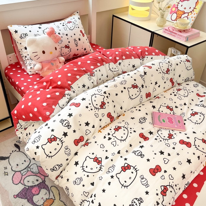 91家纺网 家纺一手货源 找家纺 暮思家居 2025新款三丽鸥授权全棉少女印花系列学生宿舍三件套四件套 糖果KT