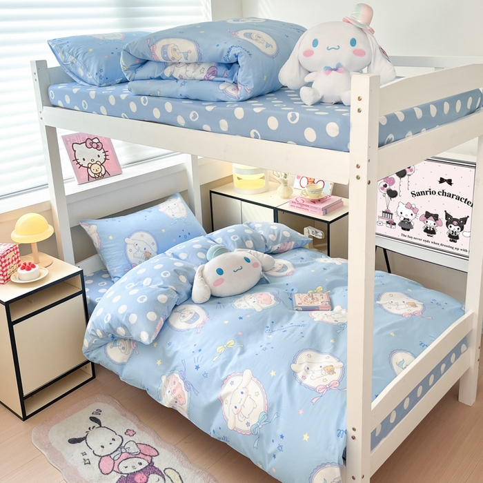 91家纺网 家纺一手货源 找家纺 暮思家居 2025新款三丽鸥授权全棉少女印花系列学生宿舍三件套四件套 蓝色玉桂狗