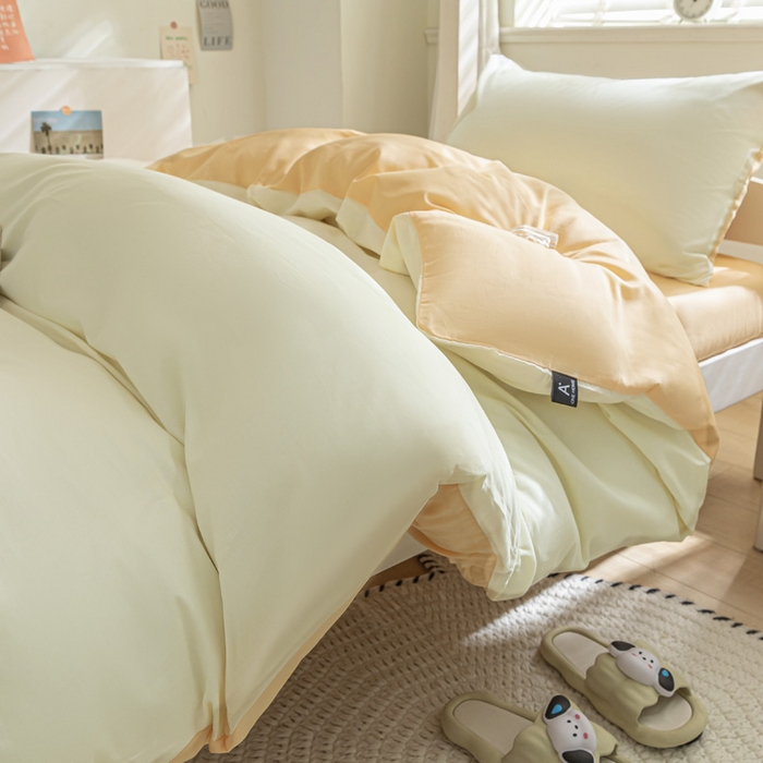 91家纺网 家纺一手货源 找家纺 涵宸家纺 2025新款全棉拼色纯色宿舍套件-米兰 米兰（奶白+浅黄）