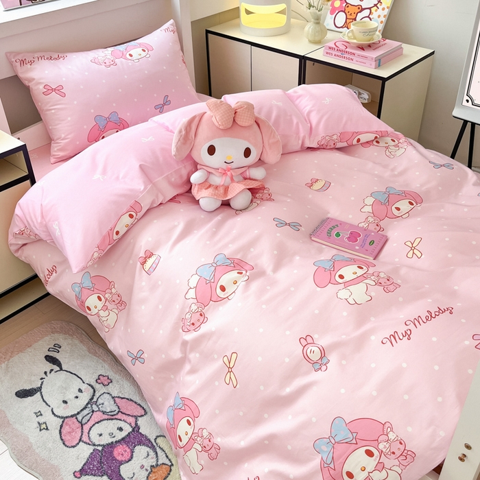 91家纺网 家纺一手货源 找家纺 暮思家居 2025新款三丽鸥授权全棉少女印花系列学生宿舍三件套四件套 蝴蝶结美乐蒂