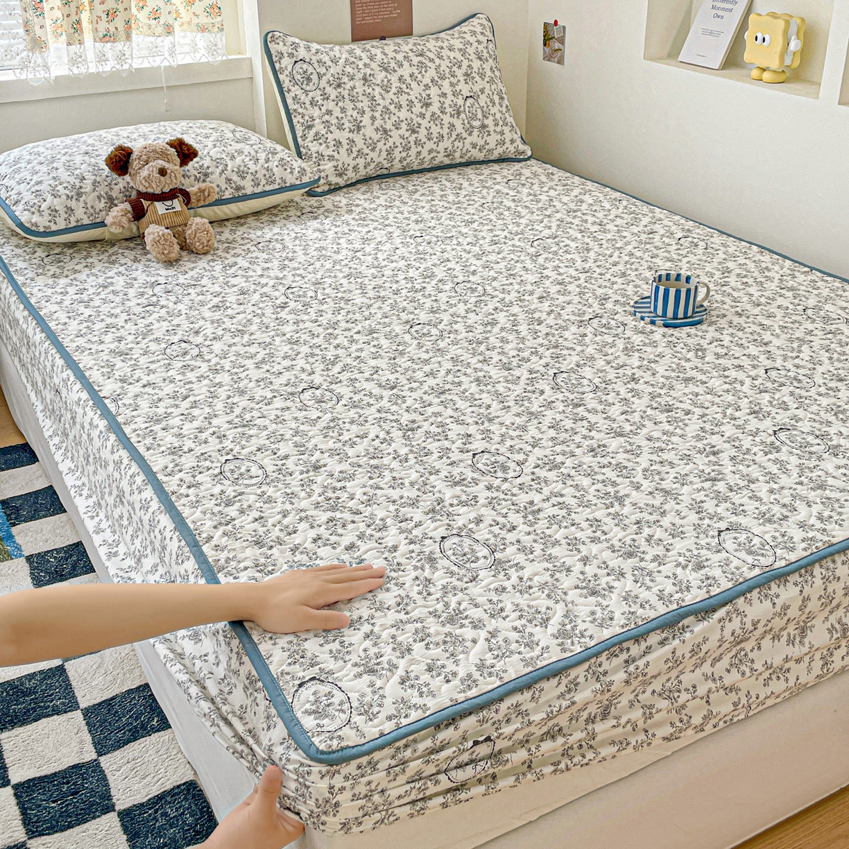 91家纺网 家纺一手货源 找家纺 悦织湾家纺 2025新款小清新印花四季通用床笠非全棉学生宿舍床笠二三件套 花宇时间