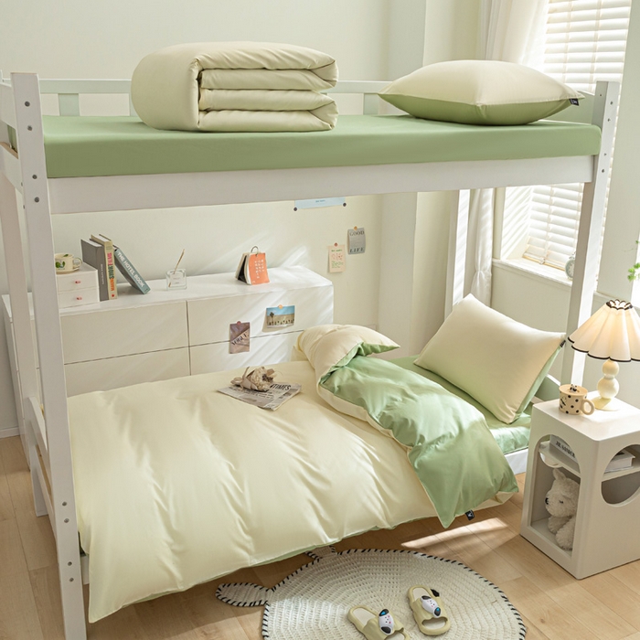 91家纺网 家纺一手货源 找家纺 涵宸家纺 2025新款全棉拼色纯色宿舍套件-米兰 米兰（奶白+月光绿）