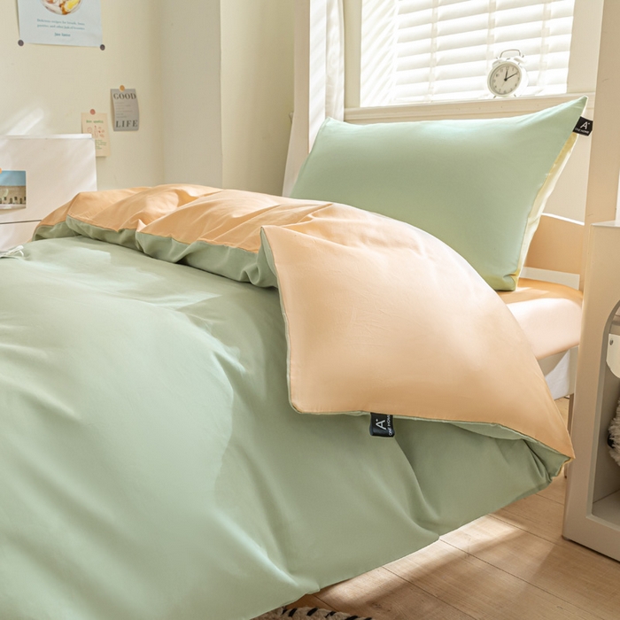 91家纺网 家纺一手货源 找家纺 涵宸家纺 2025新款全棉拼色纯色宿舍套件-米兰 米兰（月光绿+浅黄）