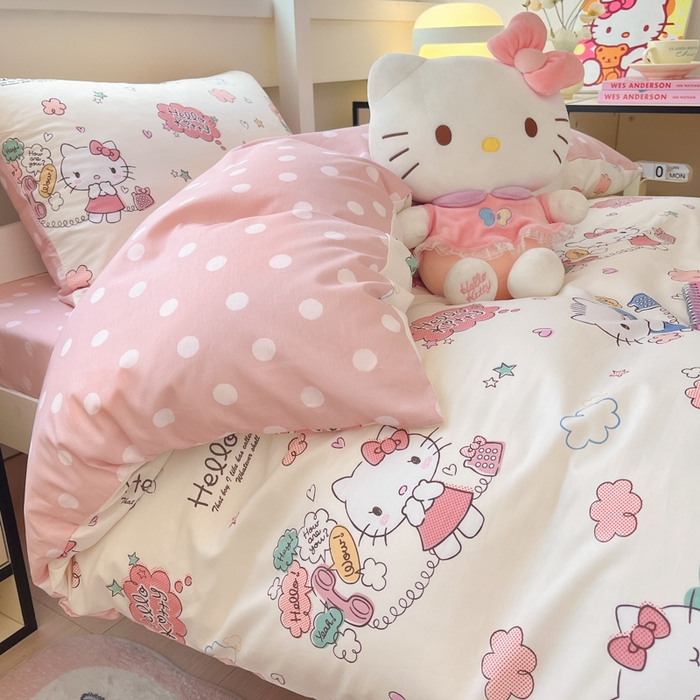 91家纺网 家纺一手货源 找家纺 暮思家居 2025新款三丽鸥授权全棉少女印花系列学生宿舍三件套四件套 甜心KT