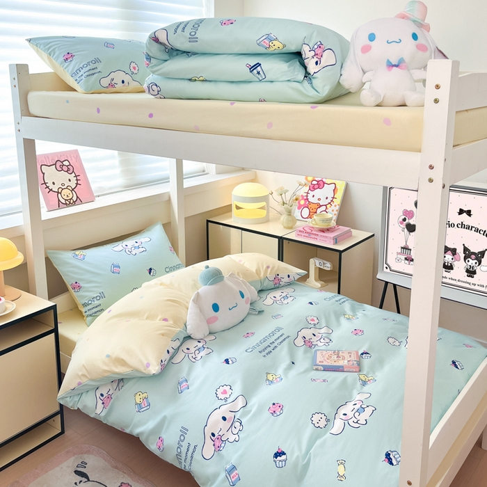 91家纺网 家纺一手货源 找家纺 暮思家居 2025新款三丽鸥授权全棉少女印花系列学生宿舍三件套四件套 奶牛大耳狗