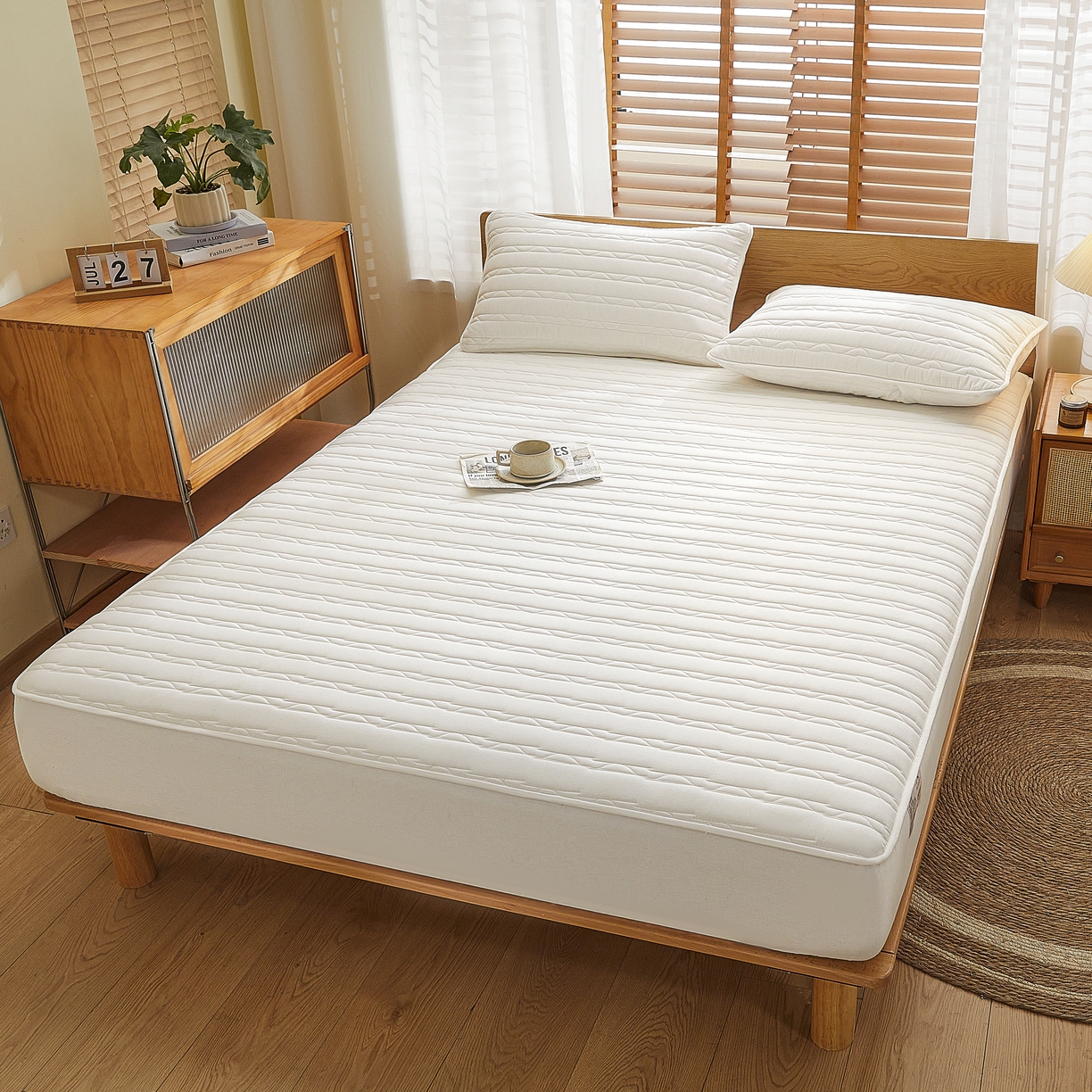 91家纺网 家纺一手货源 找家纺 雪云美2025新款全棉夹棉床笠斜纹A类纯棉床罩可定制尺寸 条纹 -白色