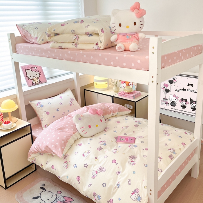 91家纺网 家纺一手货源 找家纺 暮思家居 2025新款三丽鸥授权全棉少女印花系列学生宿舍三件套四件套 甜筒凯蒂