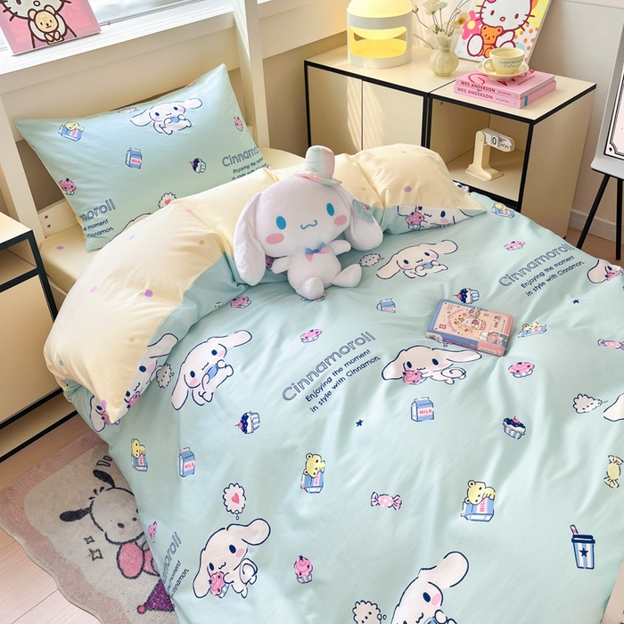 91家纺网 家纺一手货源 找家纺 暮思家居 2025新款三丽鸥授权全棉少女印花系列学生宿舍三件套四件套 奶牛大耳狗