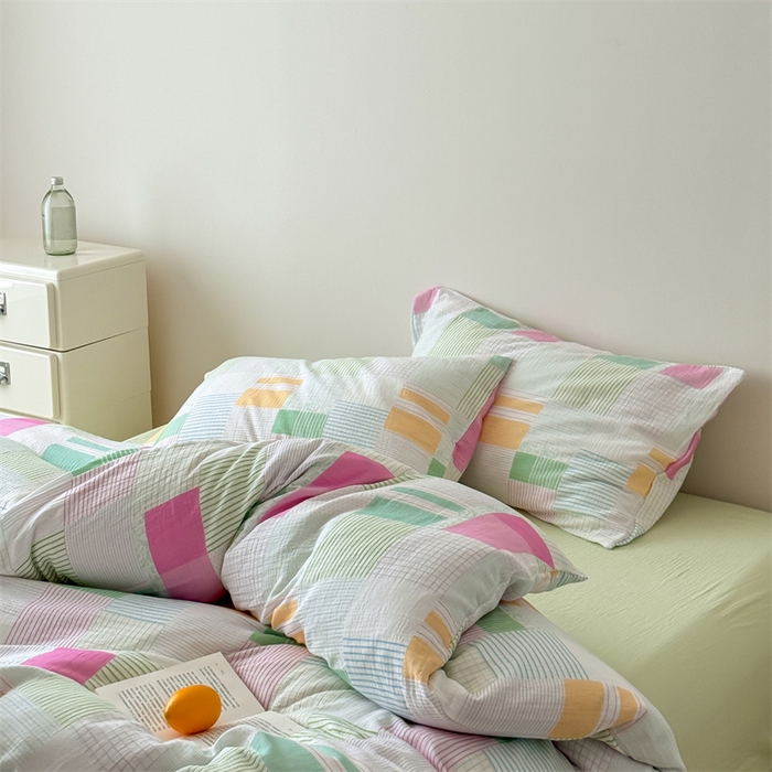 91家纺网 家纺一手货源 找家纺 山舍家居 2025新款母婴级全棉双层皱皱纱四件套 玫莓芭乐-绿