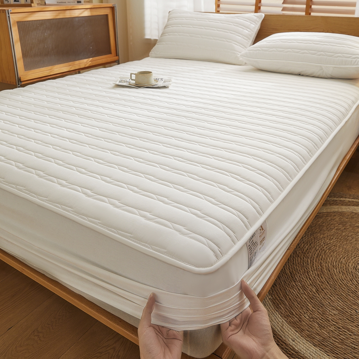 91家纺网 家纺一手货源 找家纺 雪云美2025新款全棉夹棉床笠斜纹A类纯棉床罩可定制尺寸 条纹 -白色