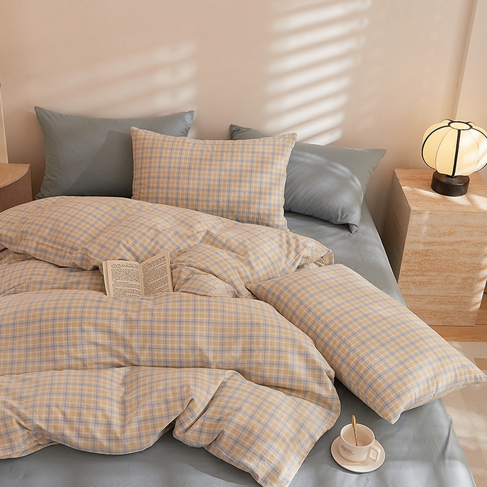 91家纺网 家纺一手货源 找家纺 DoDo 兜兜 2025新款全棉纯棉水洗棉四件套【可定做尺寸】 麦田-灰蓝