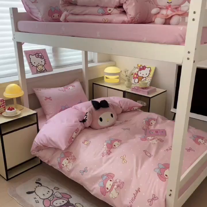 91家纺网 家纺一手货源 找家纺 暮思家居 2025新款三丽鸥授权全棉少女印花系列学生宿舍三件套四件套 蝴蝶结美乐蒂