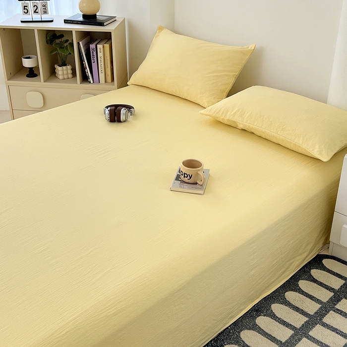 91家纺网 家纺一手货源 找家纺 卡迪熊家纺2025新款木m双层纱床单 柠檬黄